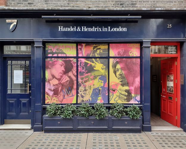Jimi Hendrix window artwork for Handel and Hendrix museum, Mayfair, London.