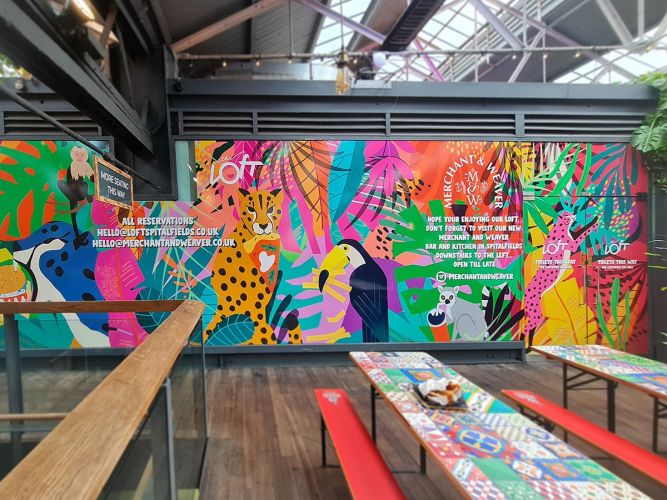 Vinyl mural on glass, The Loft bar in Shoreditch