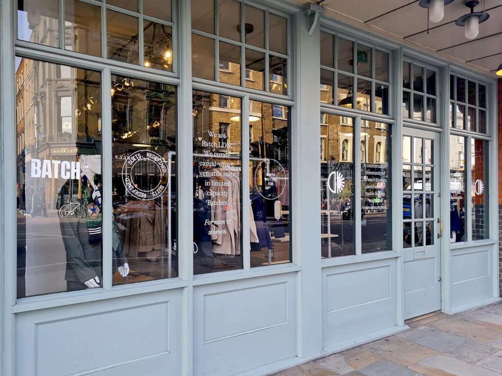 Shop windows decor for fashion suits company in Spitalfields, London
